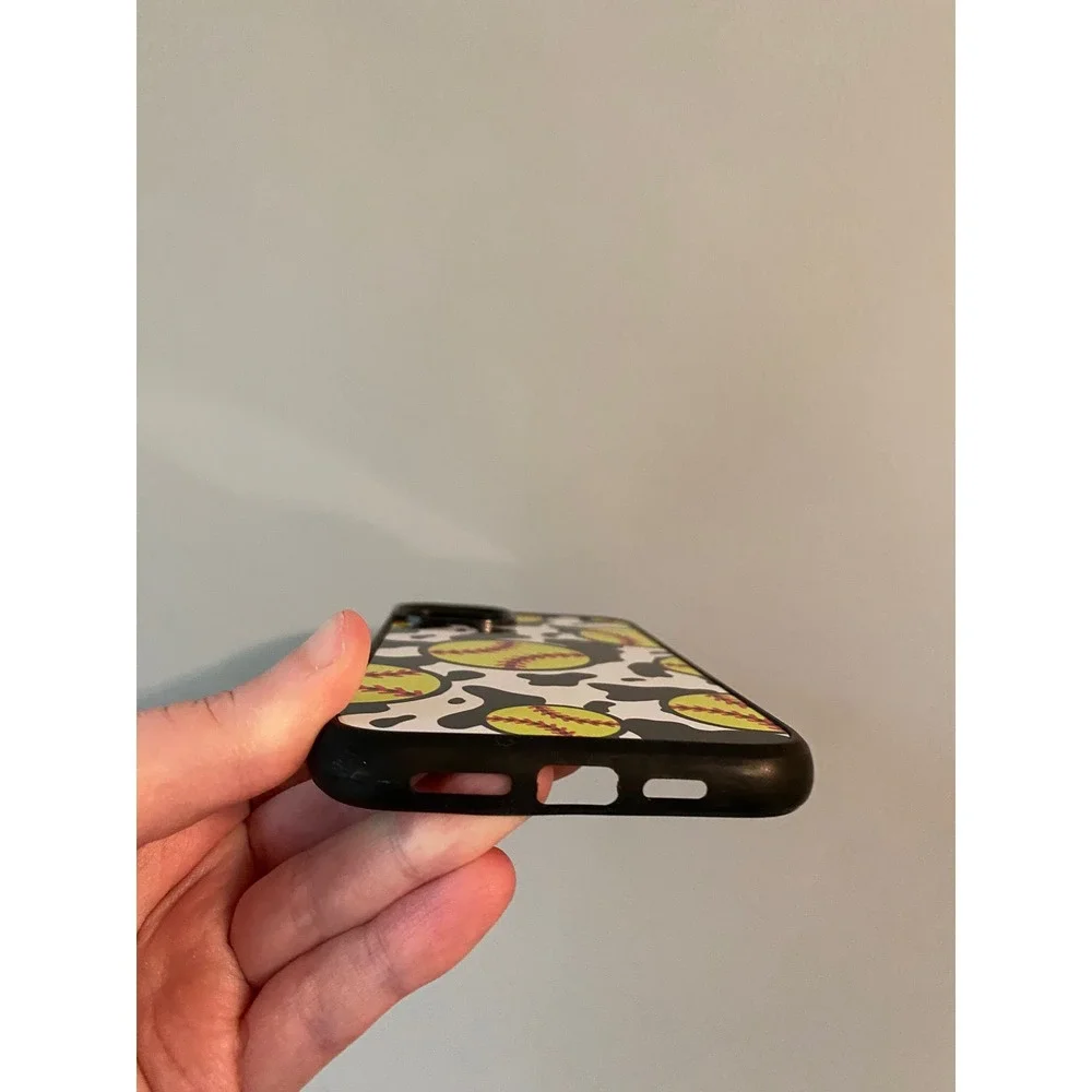 Softball Cow Print Phone Case iPhone 14 Plus Unisex Black Yellow Sporty Graphic